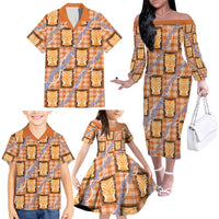 Aloha Hawaii Tiki Palaka Motifs Family Matching Off The Shoulder Long Sleeve Dress and Hawaiian Shirt Honohono Lei Orange Elegant Vibes LT14 - Polynesian Pride