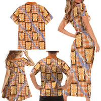 Aloha Hawaii Tiki Palaka Motifs Family Matching Short Sleeve Bodycon Dress and Hawaiian Shirt Honohono Lei Orange Elegant Vibes LT14 - Polynesian Pride