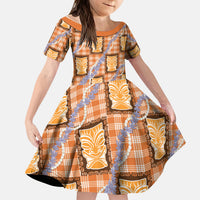 Aloha Hawaii Tiki Palaka Motifs Kid Short Sleeve Dress Honohono Lei Orange Elegant Vibes LT14 KID Orange - Polynesian Pride