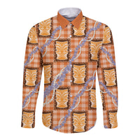 Aloha Hawaii Tiki Palaka Motifs Long Sleeve Button Shirt Honohono Lei Orange Elegant Vibes LT14 Unisex Orange - Polynesian Pride