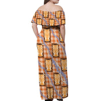 Aloha Hawaii Tiki Palaka Motifs Off Shoulder Maxi Dress Honohono Lei Orange Elegant Vibes LT14 - Polynesian Pride