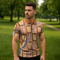 Aloha Hawaii Tiki Palaka Motifs Zipper Polo Shirt Honohono Lei Orange Elegant Vibes LT14 - Polynesian Pride