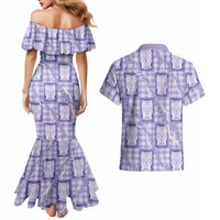 Aloha Hawaii Tiki Palaka Motifs Couples Matching Mermaid Dress and Hawaiian Shirt Honohono Lei Purple Elegant Vibes LT14 - Polynesian Pride