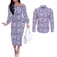 Aloha Hawaii Tiki Palaka Motifs Couples Matching Off The Shoulder Long Sleeve Dress and Long Sleeve Button Shirt Honohono Lei Purple Elegant Vibes LT14 Purple - Polynesian Pride