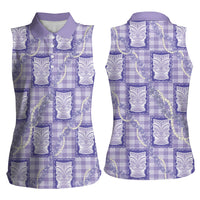 Aloha Hawaii Tiki Palaka Motifs Women Sleeveless Polo Shirt Honohono Lei Purple Elegant Vibes LT14 - Polynesian Pride