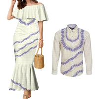 Hawaii Honohono Palaka Motifs Couples Matching Mermaid Dress and Long Sleeve Button Shirt Hawaiian Orchid Lei LT14 Cream - Polynesian Pride