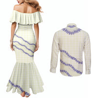 Hawaii Honohono Palaka Motifs Couples Matching Mermaid Dress and Long Sleeve Button Shirt Hawaiian Orchid Lei LT14 - Polynesian Pride