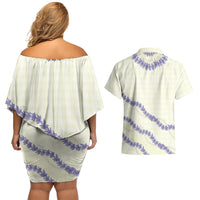 Hawaii Honohono Palaka Motifs Couples Matching Off Shoulder Short Dress and Hawaiian Shirt Hawaiian Orchid Lei LT14 - Polynesian Pride