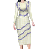 Hawaii Honohono Palaka Motifs Long Sleeve Bodycon Dress Hawaiian Orchid Lei LT14 Long Dress Cream - Polynesian Pride