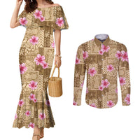 Beige Hawaii Hibiscus With Tropical Flowers Motifs Couples Matching Mermaid Dress and Long Sleeve Button Shirt LT14 Beige - Polynesian Pride