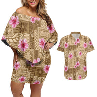 Beige Hawaii Hibiscus With Tropical Flowers Motifs Couples Matching Off Shoulder Short Dress and Hawaiian Shirt LT14 Beige - Polynesian Pride