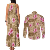 Beige Hawaii Hibiscus With Tropical Flowers Motifs Couples Matching Tank Maxi Dress and Long Sleeve Button Shirt LT14 - Polynesian Pride