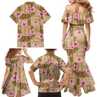 Beige Hawaii Hibiscus With Tropical Flowers Motifs Family Matching Mermaid Dress and Hawaiian Shirt LT14 - Polynesian Pride