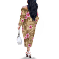 Beige Hawaii Hibiscus With Tropical Flowers Motifs Family Matching Off The Shoulder Long Sleeve Dress and Hawaiian Shirt LT14 - Polynesian Pride