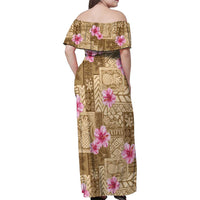 Beige Hawaii Hibiscus With Tropical Flowers Motifs Family Matching Off Shoulder Maxi Dress and Hawaiian Shirt LT14 - Polynesian Pride
