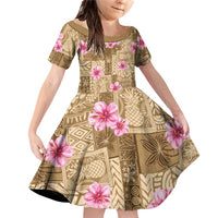 Beige Hawaii Hibiscus With Tropical Flowers Motifs Family Matching Off Shoulder Short Dress and Hawaiian Shirt LT14 Daughter's Dress Beige - Polynesian Pride