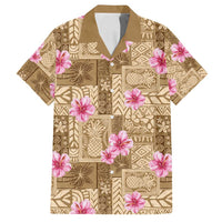 Beige Hawaii Hibiscus With Tropical Flowers Motifs Family Matching Puletasi and Hawaiian Shirt LT14 Dad's Shirt - Short Sleeve Beige - Polynesian Pride