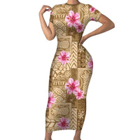 Beige Hawaii Hibiscus With Tropical Flowers Motifs Family Matching Short Sleeve Bodycon Dress and Hawaiian Shirt LT14 Mom's Dress Beige - Polynesian Pride