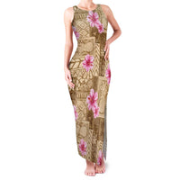 Beige Hawaii Hibiscus With Tropical Flowers Motifs Family Matching Tank Maxi Dress and Hawaiian Shirt LT14 Mom's Dress Beige - Polynesian Pride