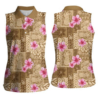 Beige Hawaii Hibiscus With Tropical Flowers Motifs Women Sleeveless Polo Shirt LT14 - Polynesian Pride