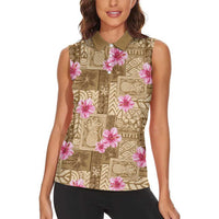 Beige Hawaii Hibiscus With Tropical Flowers Motifs Women Sleeveless Polo Shirt LT14 - Polynesian Pride