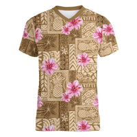 Beige Hawaii Hibiscus With Tropical Flowers Motifs Women V-Neck T-Shirt LT14 Female Beige - Polynesian Pride