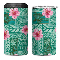 Cyan Hawaii Hibiscus With Tropical Flowers Motifs 4 in 1 Can Cooler Tumbler LT14 One Size: 16 oz Cyan - Polynesian Pride