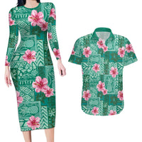 Cyan Hawaii Hibiscus With Tropical Flowers Motifs Couples Matching Long Sleeve Bodycon Dress and Hawaiian Shirt LT14 Cyan - Polynesian Pride
