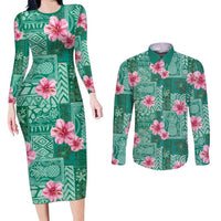 Cyan Hawaii Hibiscus With Tropical Flowers Motifs Couples Matching Long Sleeve Bodycon Dress and Long Sleeve Button Shirt LT14 Cyan - Polynesian Pride