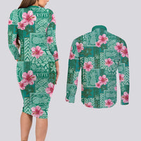Cyan Hawaii Hibiscus With Tropical Flowers Motifs Couples Matching Long Sleeve Bodycon Dress and Long Sleeve Button Shirt LT14 - Polynesian Pride