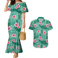 Cyan Hawaii Hibiscus With Tropical Flowers Motifs Couples Matching Mermaid Dress and Hawaiian Shirt LT14 Cyan - Polynesian Pride