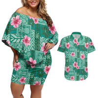 Cyan Hawaii Hibiscus With Tropical Flowers Motifs Couples Matching Off Shoulder Short Dress and Hawaiian Shirt LT14 Cyan - Polynesian Pride