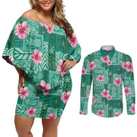Cyan Hawaii Hibiscus With Tropical Flowers Motifs Couples Matching Off Shoulder Short Dress and Long Sleeve Button Shirt LT14 Cyan - Polynesian Pride