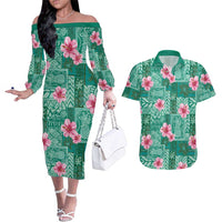 Cyan Hawaii Hibiscus With Tropical Flowers Motifs Couples Matching Off The Shoulder Long Sleeve Dress and Hawaiian Shirt LT14 Cyan - Polynesian Pride
