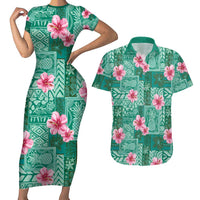 Cyan Hawaii Hibiscus With Tropical Flowers Motifs Couples Matching Short Sleeve Bodycon Dress and Hawaiian Shirt LT14 Cyan - Polynesian Pride