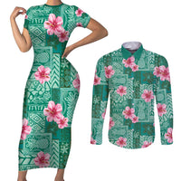 Cyan Hawaii Hibiscus With Tropical Flowers Motifs Couples Matching Short Sleeve Bodycon Dress and Long Sleeve Button Shirt LT14 Cyan - Polynesian Pride