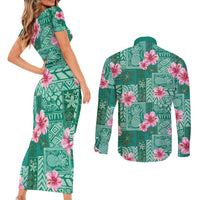 Cyan Hawaii Hibiscus With Tropical Flowers Motifs Couples Matching Short Sleeve Bodycon Dress and Long Sleeve Button Shirt LT14 - Polynesian Pride