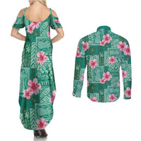Cyan Hawaii Hibiscus With Tropical Flowers Motifs Couples Matching Summer Maxi Dress and Long Sleeve Button Shirt LT14 - Polynesian Pride