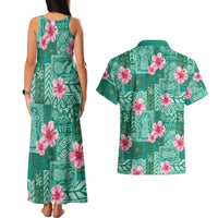 Cyan Hawaii Hibiscus With Tropical Flowers Motifs Couples Matching Tank Maxi Dress and Hawaiian Shirt LT14 - Polynesian Pride