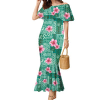 Cyan Hawaii Hibiscus With Tropical Flowers Motifs Family Matching Mermaid Dress and Hawaiian Shirt LT14 Mom's Dress Cyan - Polynesian Pride
