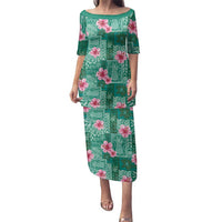 Cyan Hawaii Hibiscus With Tropical Flowers Motifs Family Matching Puletasi and Hawaiian Shirt LT14 Mom's Dress Cyan - Polynesian Pride