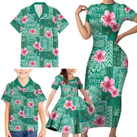 Cyan Hawaii Hibiscus With Tropical Flowers Motifs Family Matching Short Sleeve Bodycon Dress and Hawaiian Shirt LT14 - Polynesian Pride