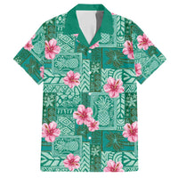 Cyan Hawaii Hibiscus With Tropical Flowers Motifs Family Matching Summer Maxi Dress and Hawaiian Shirt LT14 Dad's Shirt - Short Sleeve Cyan - Polynesian Pride