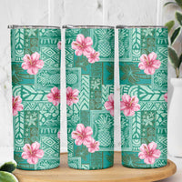 Cyan Hawaii Hibiscus With Tropical Flowers Motifs Skinny Tumbler LT14 - Polynesian Pride