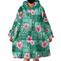 Cyan Hawaii Hibiscus With Tropical Flowers Motifs Wearable Blanket Hoodie LT14 - Polynesian Pride