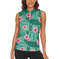 Cyan Hawaii Hibiscus With Tropical Flowers Motifs Women Sleeveless Polo Shirt LT14 - Polynesian Pride