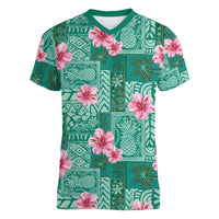 Cyan Hawaii Hibiscus With Tropical Flowers Motifs Women V-Neck T-Shirt LT14 Female Cyan - Polynesian Pride