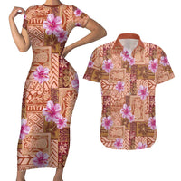 Orange Hawaii Hibiscus With Tropical Flowers Motifs Couples Matching Short Sleeve Bodycon Dress and Hawaiian Shirt - Polynesian Pride