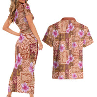 Orange Hawaii Hibiscus With Tropical Flowers Motifs Couples Matching Short Sleeve Bodycon Dress and Hawaiian Shirt - Polynesian Pride
