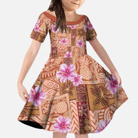 Orange Hawaii Hibiscus With Tropical Flowers Motifs Family Matching Short Sleeve Bodycon Dress and Hawaiian Shirt LT14 Daughter's Dress Orange - Polynesian Pride